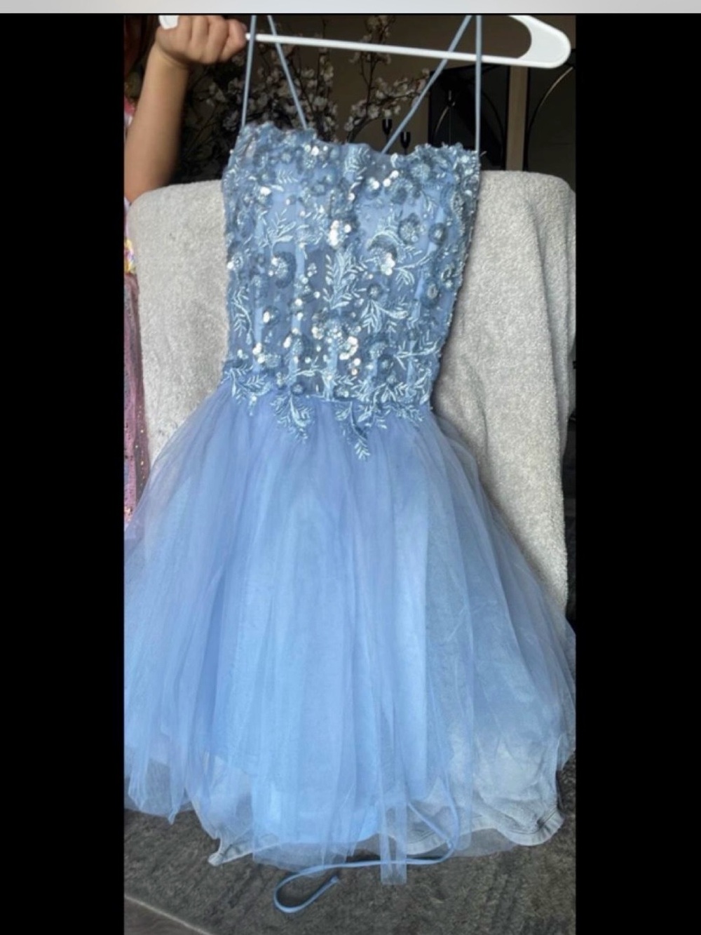 Light Blue Embroidered Tulle Prom Dress with Spaghetti Straps